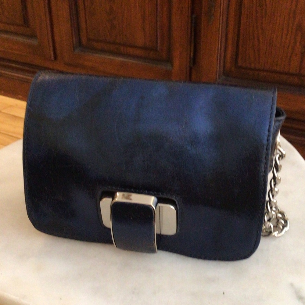 Badgley Misha Metallic Navy Leather Mini Shoulder Bag with Silver Hardware